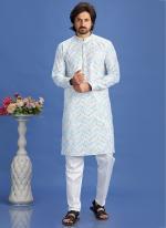 Cotton Blue Festival Wear Embroidery Work Kurta Pajama